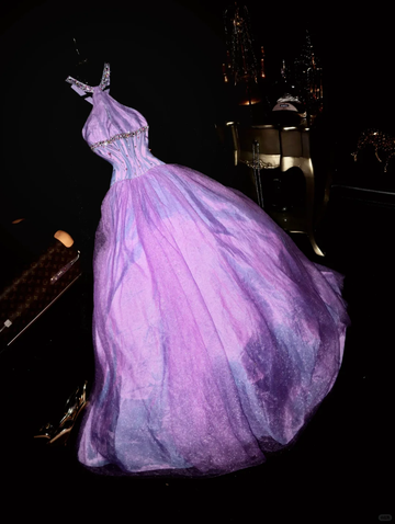 Stunning A Line Halter Beaded Sequin Purple Satin Tulle Long Party Dress Evening Dress HZ1023